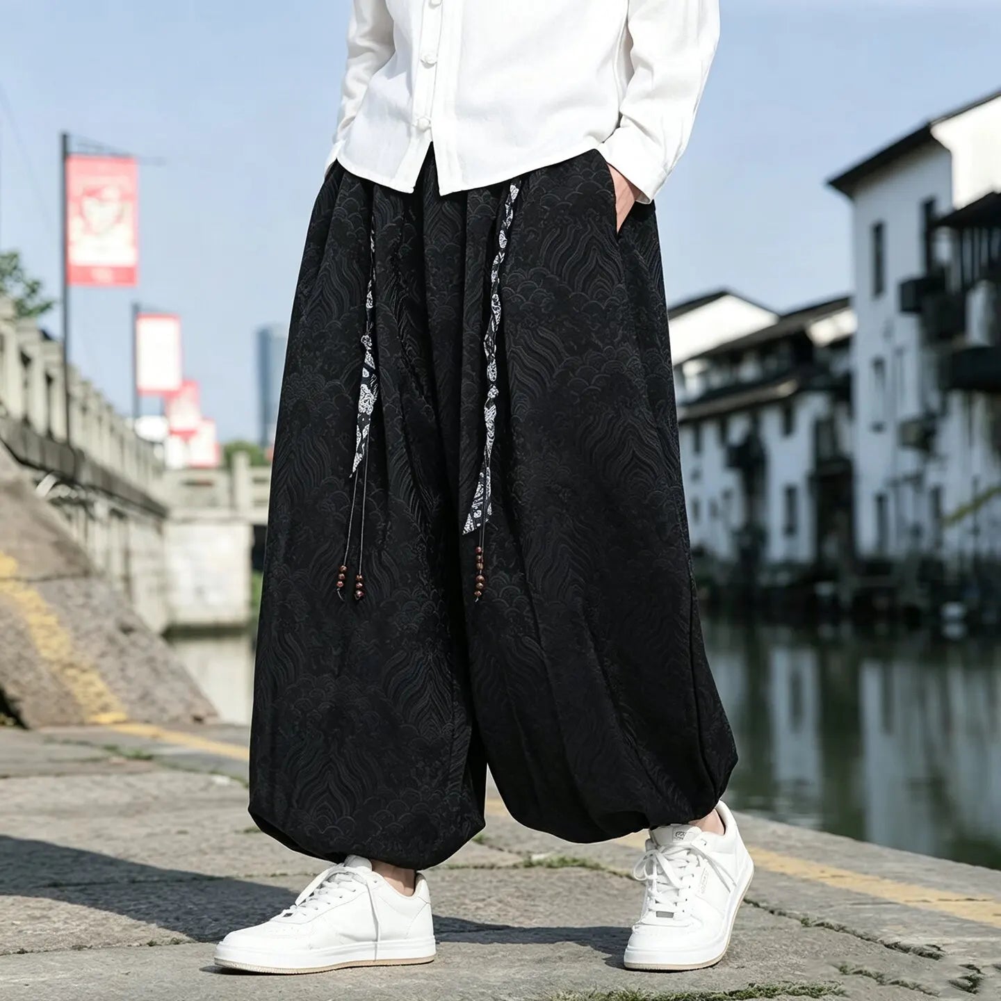 Black Geometric Pattern Loose Pants