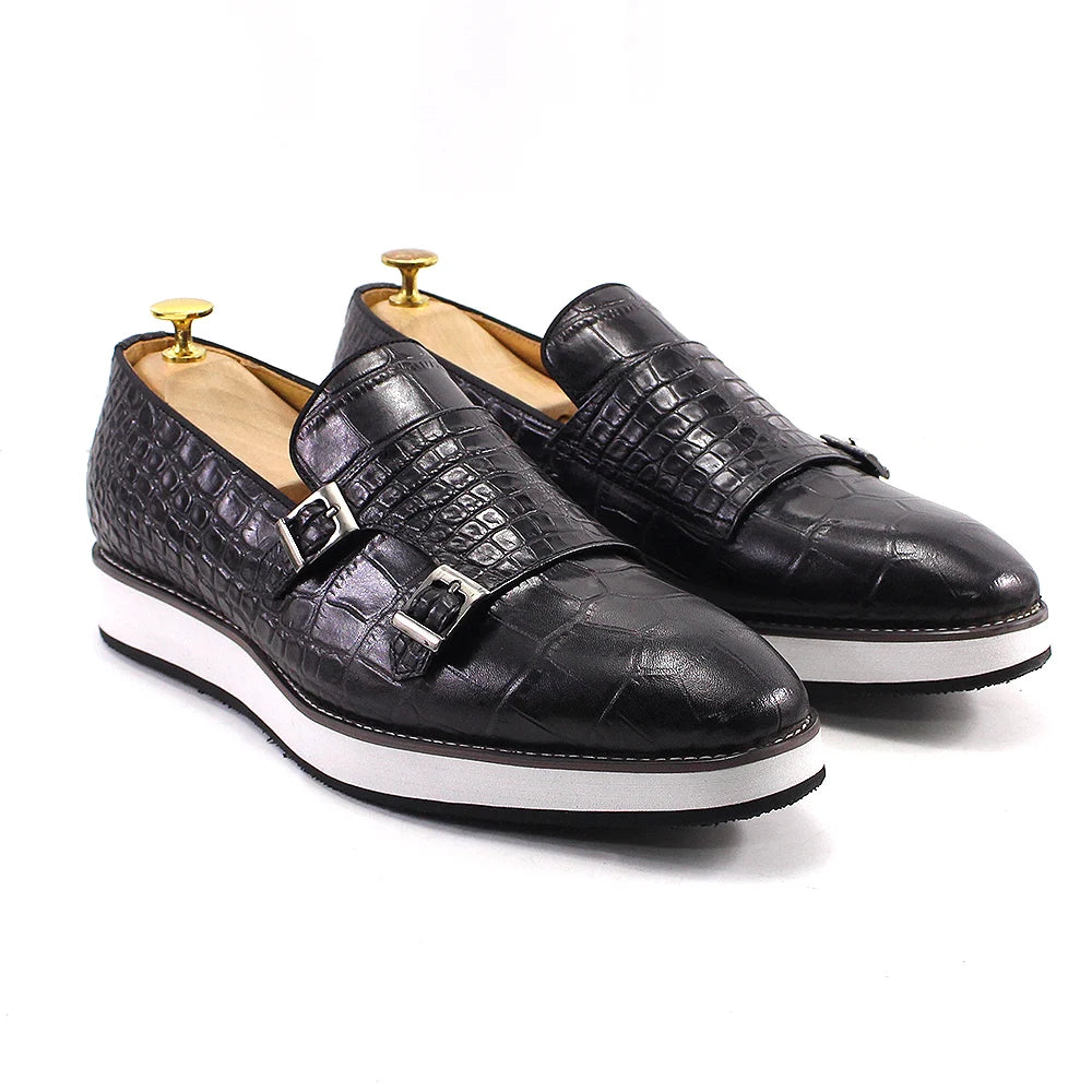 Crocodile Pattern Leather Double Monk Shoes