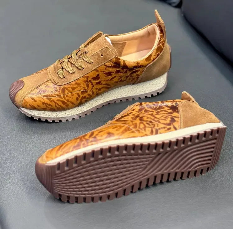 Animal Print Spliced Genuine Leather Sneakers