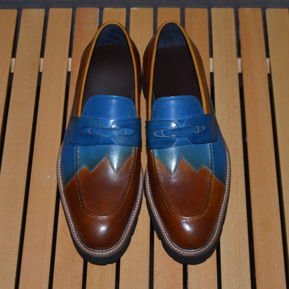 Blue Brown Genuine Leather Men's Loafers