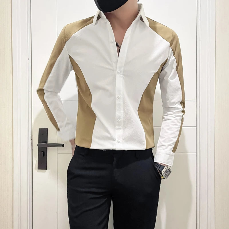 Gold Patchwork Color Long-Sleeved Shirt