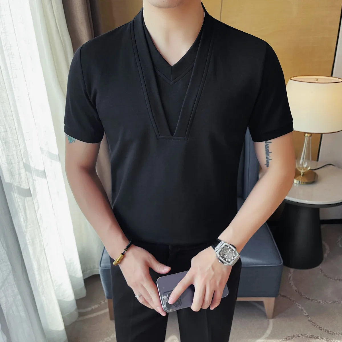 Double Layer V-Neck Solid T-Shirt