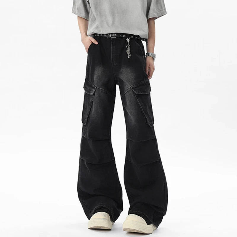 Casual Pleated Pockets Wide Leg Jeans