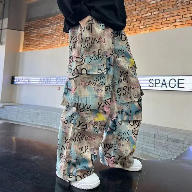 Printed Colorful Multi-Pocket Wide-Leg Jeans