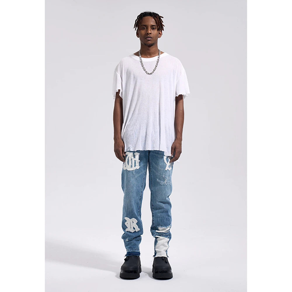 Y2k Streetwear Patchwork Letter Straight Jeans