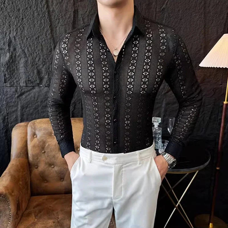 Sexy Lace See-Through Slim-Fit Shirt