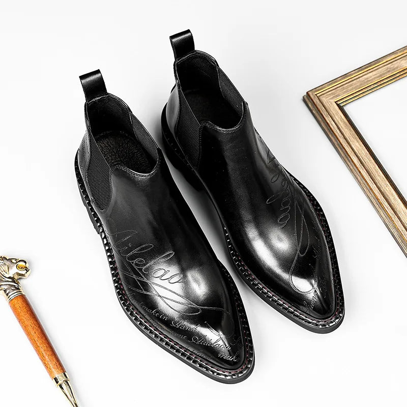Pointed-Toe Carved Leather Chelsea Boots