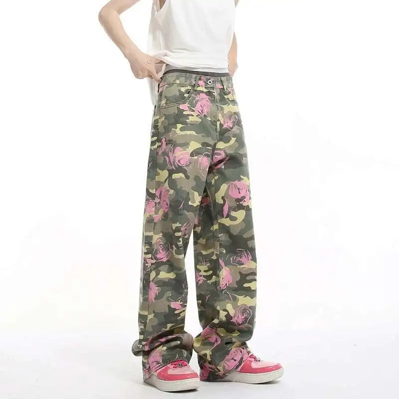 Pink Full Print Rose Camouflage Pattern Jeans