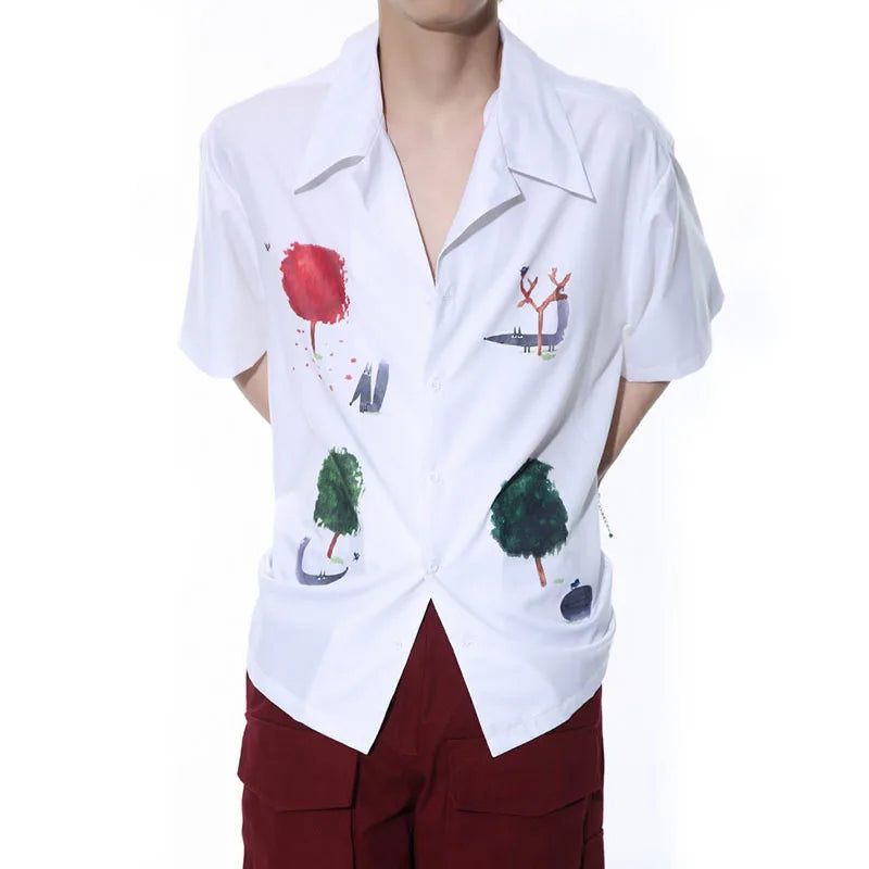 Tree Cartoon Print Lapel Collar Shirt