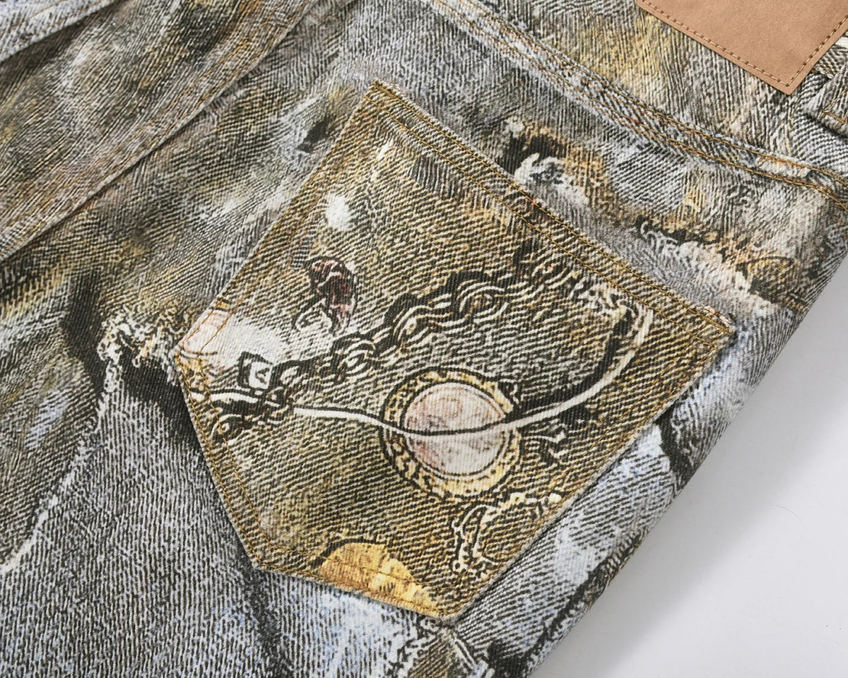 Jewelry Chain Print Patchwork Baggy Jeans