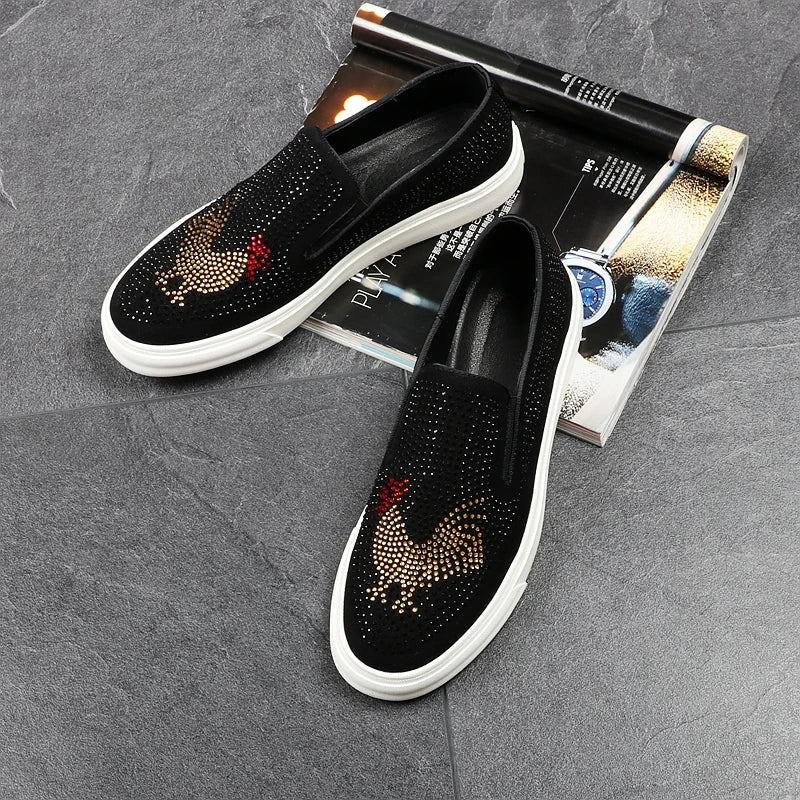 Chicken Rhinestone Pattern Black Loafers