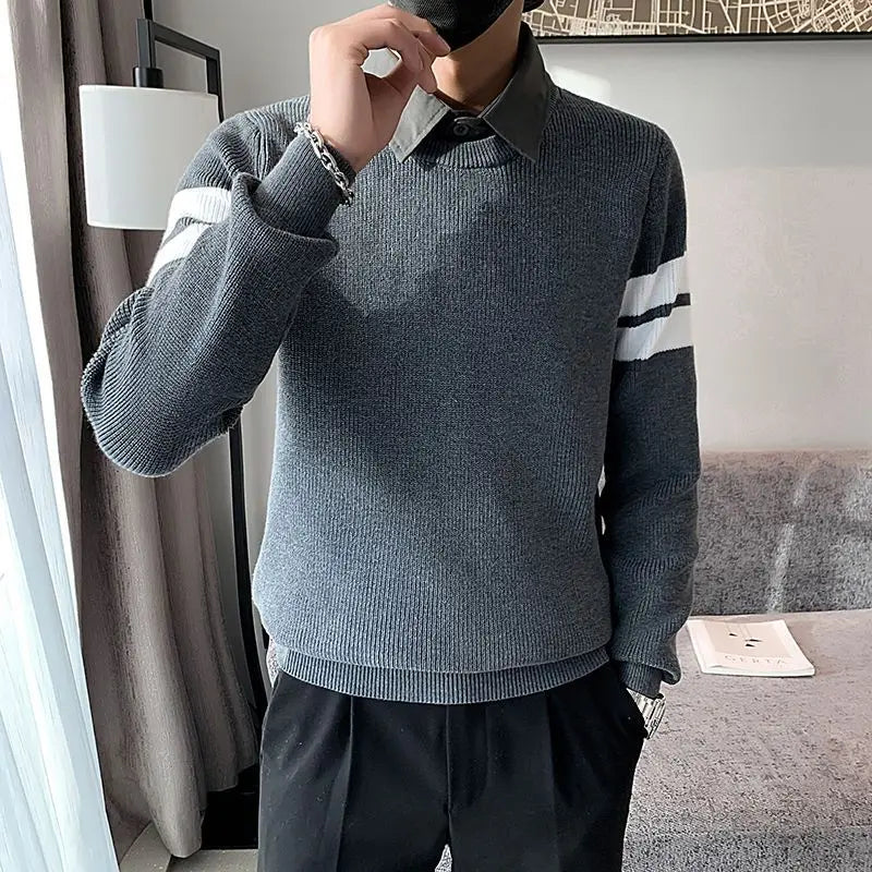 Fake Two Pieces Spliced Stripe Sweater