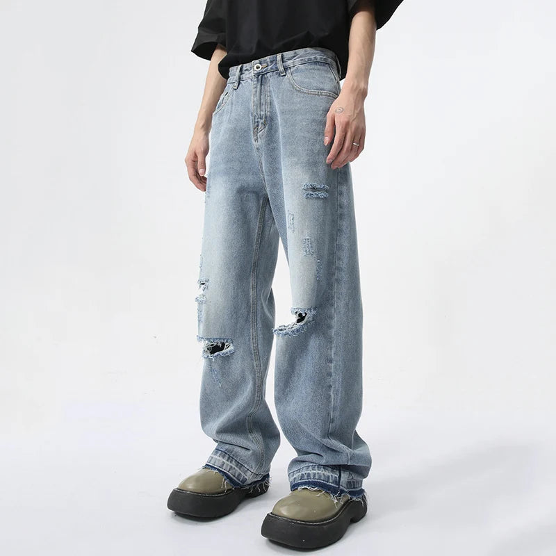 Light Blue Worn-out Hole Design Men's Jeans