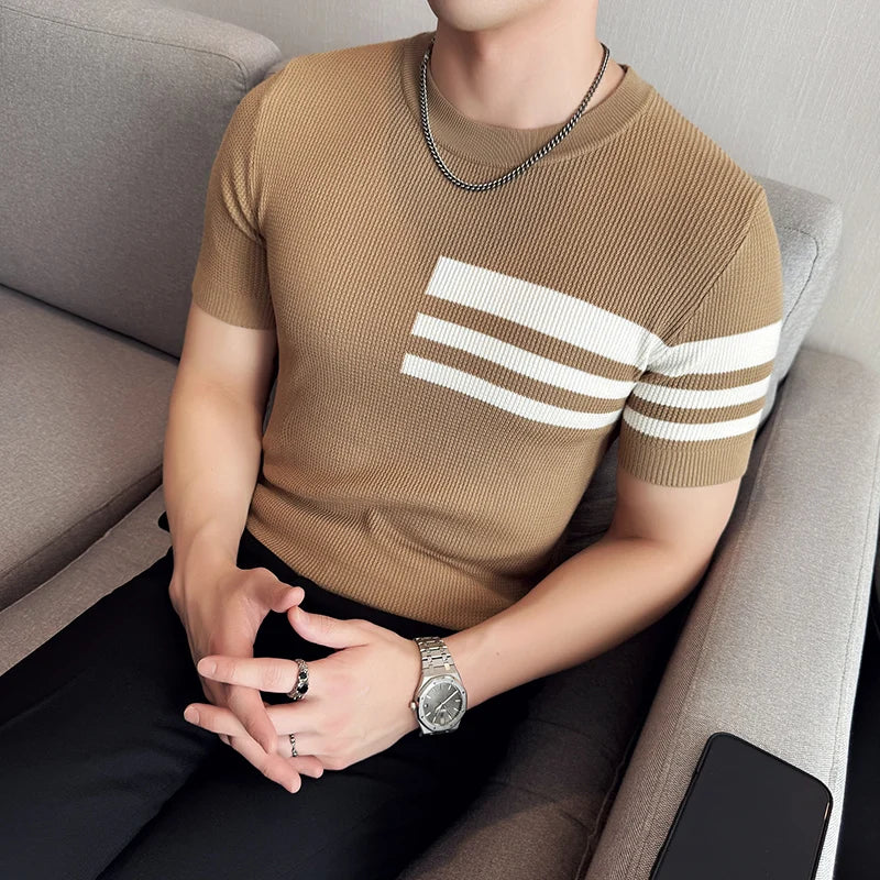 Striped Knitted Style Casual T-Shirt
