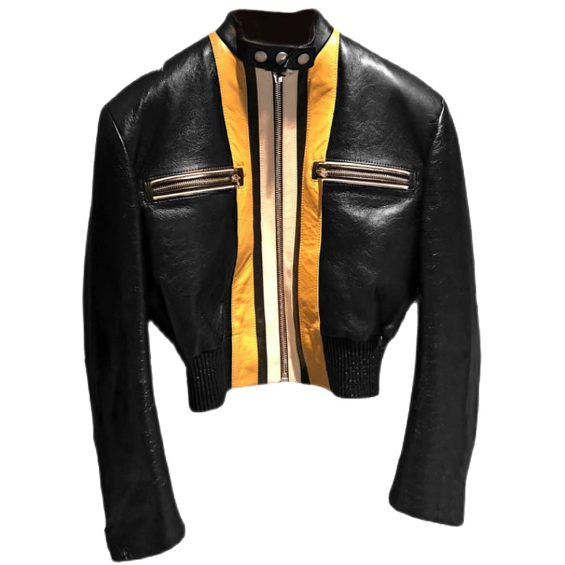 Stripe Patchwork Faux Leather Crop Jackets