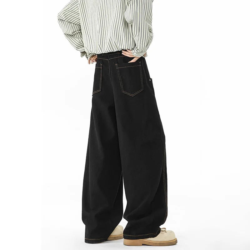 Casual Black Stitch Wide-Leg Jeans