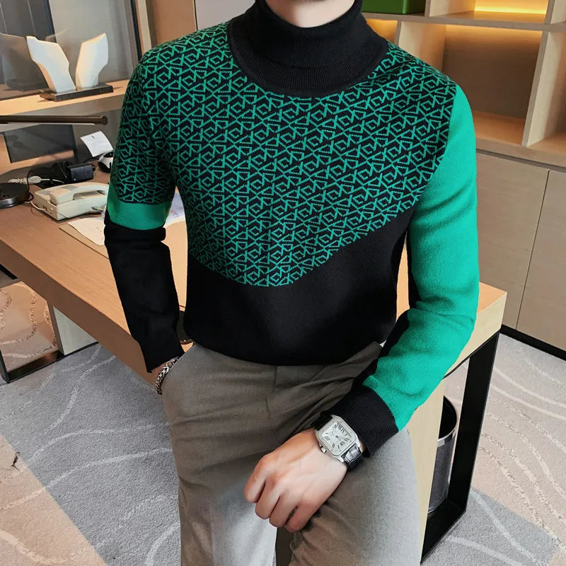 Green Black Geometric Turtleneck Sweater