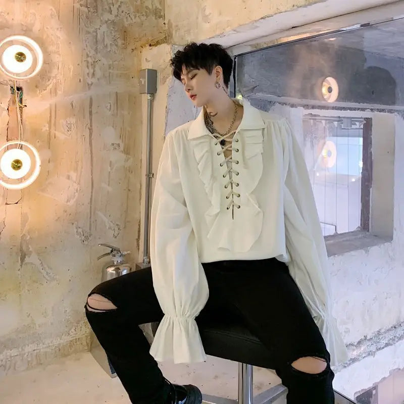 Lace Up Ruffled Flare-Sleeve Shirt