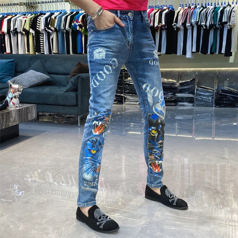 Animal Letter Print Straight Jeans