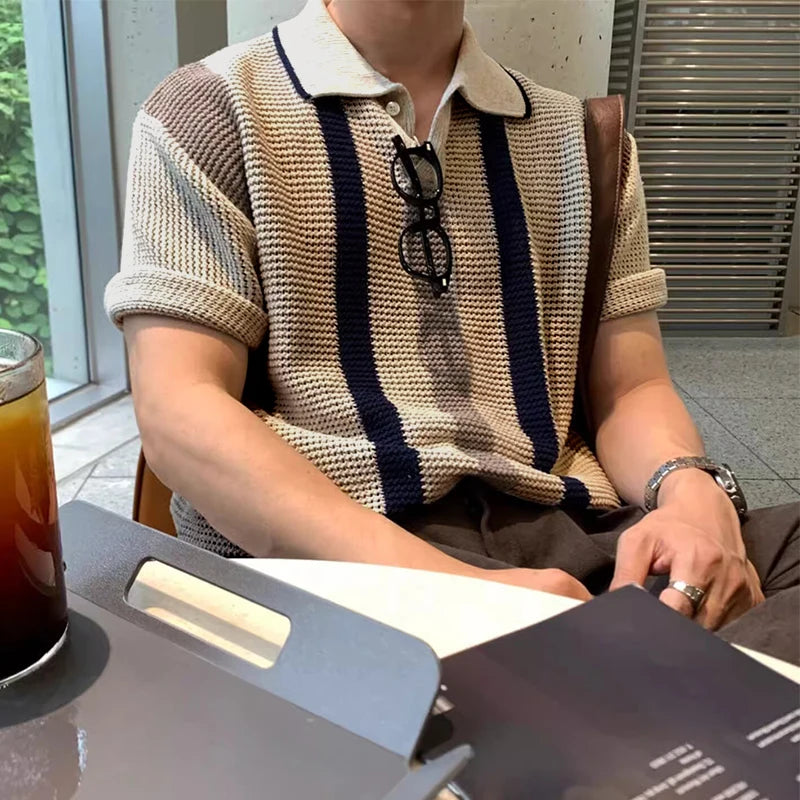 Stylish Striped Hollow Out Knit Polo Shirt
