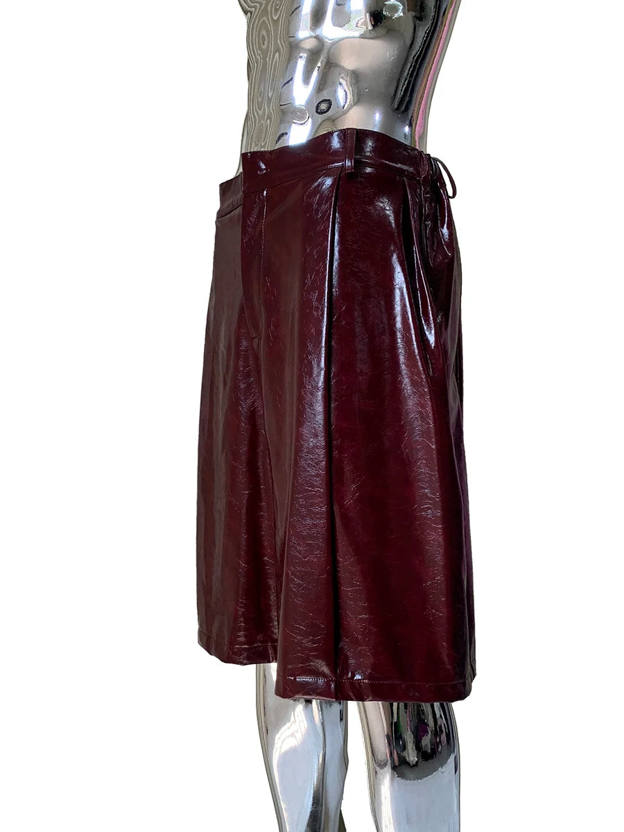Shiny Burgundy Leather Straight Shorts