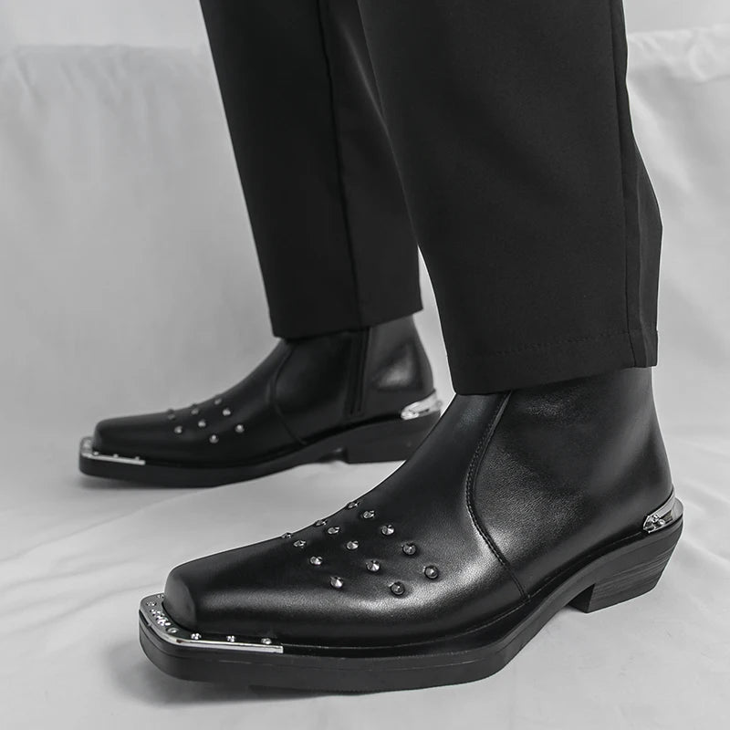 Patchwork Rivet PU Square Tip Boots