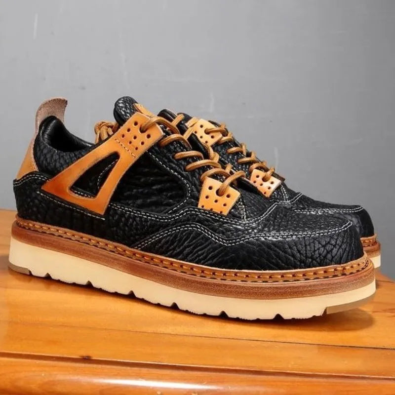 Black Leather Platform Lace-Up Sneakers