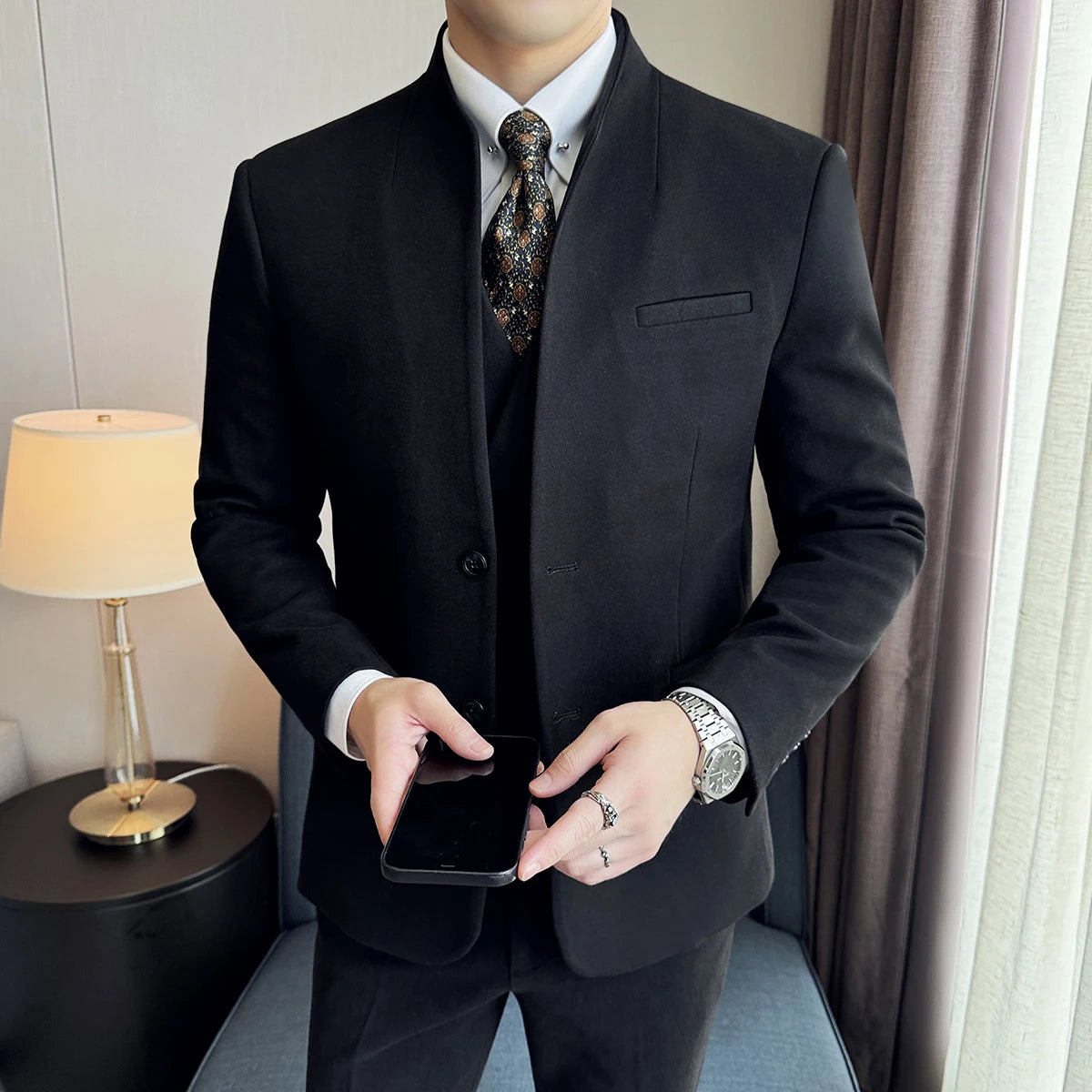 Stand-Up Collar Woolen Solid Suit