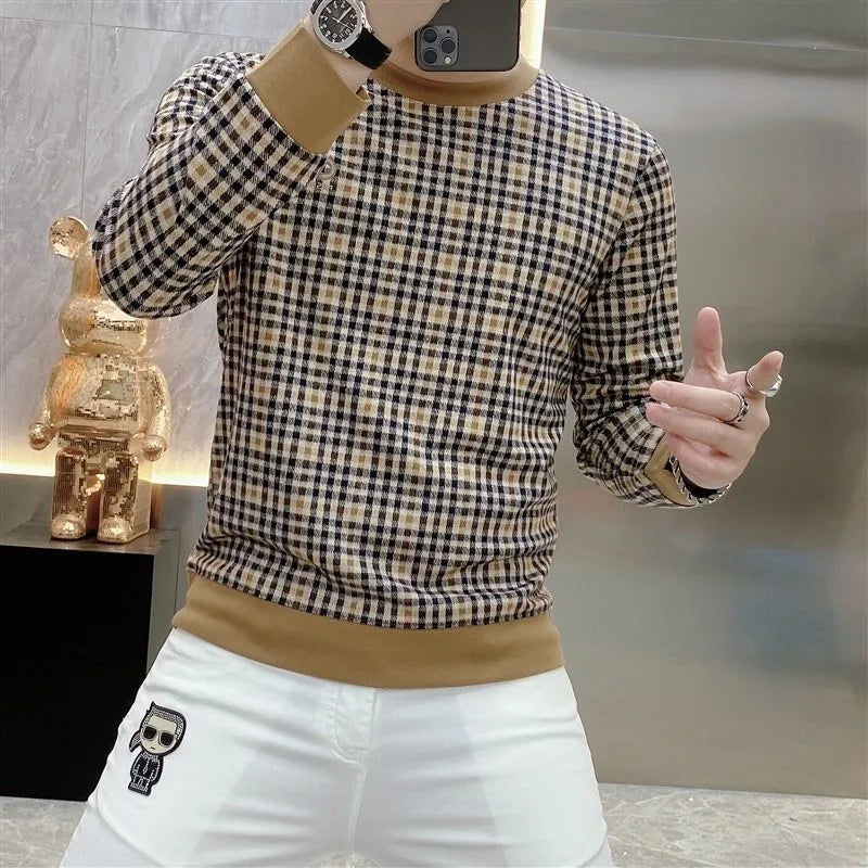 Slim-Fit Plaid Round Neck Casual Sweater