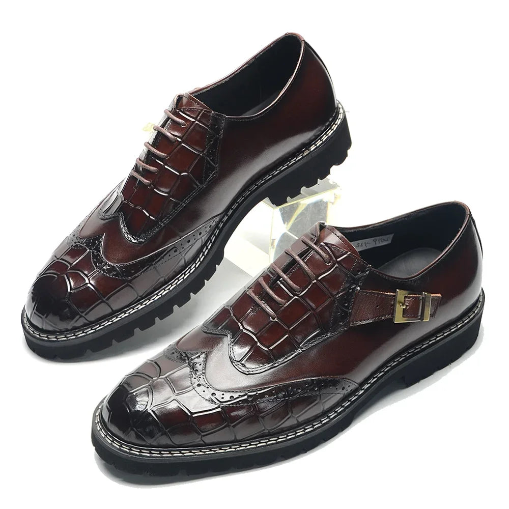 Leather Crocodile Print Wingtip Brogue Shoes