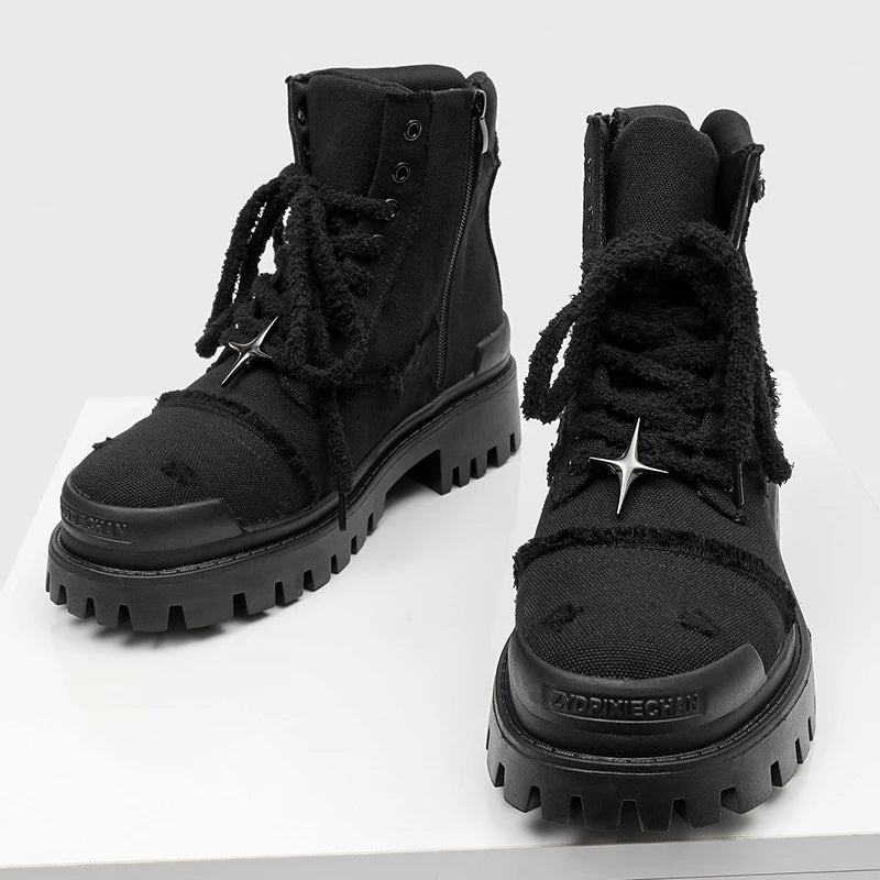 Four Cornered Star Pin Black Thick Soled Boots