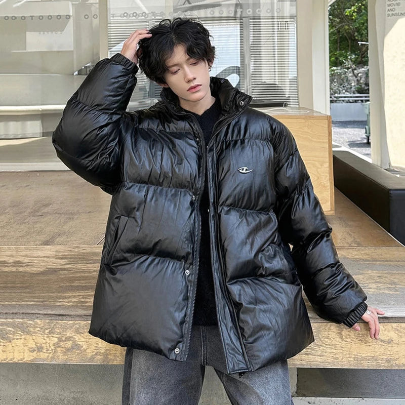 Faux Leather Stand Collar Parka