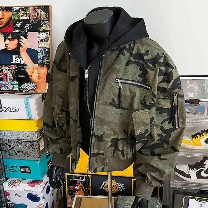 Patchwork Camouflage Zipper Hooded Jacket