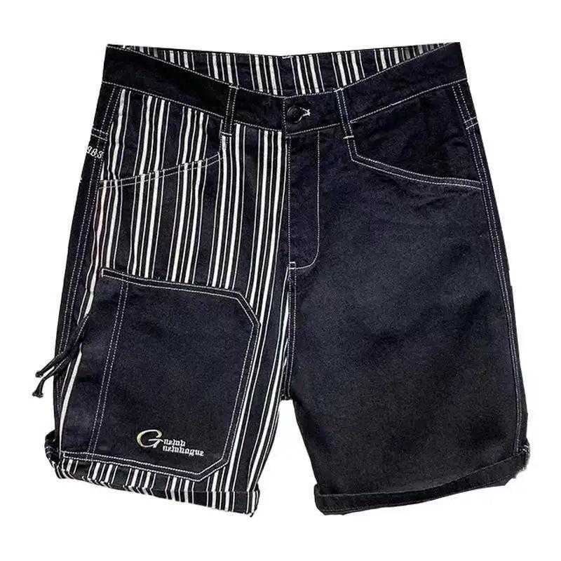 Black Striped Patchwork Denim Shorts