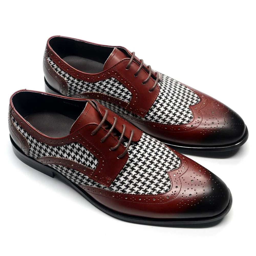 Patchwork Houndstooth Leather Brogue Shoes