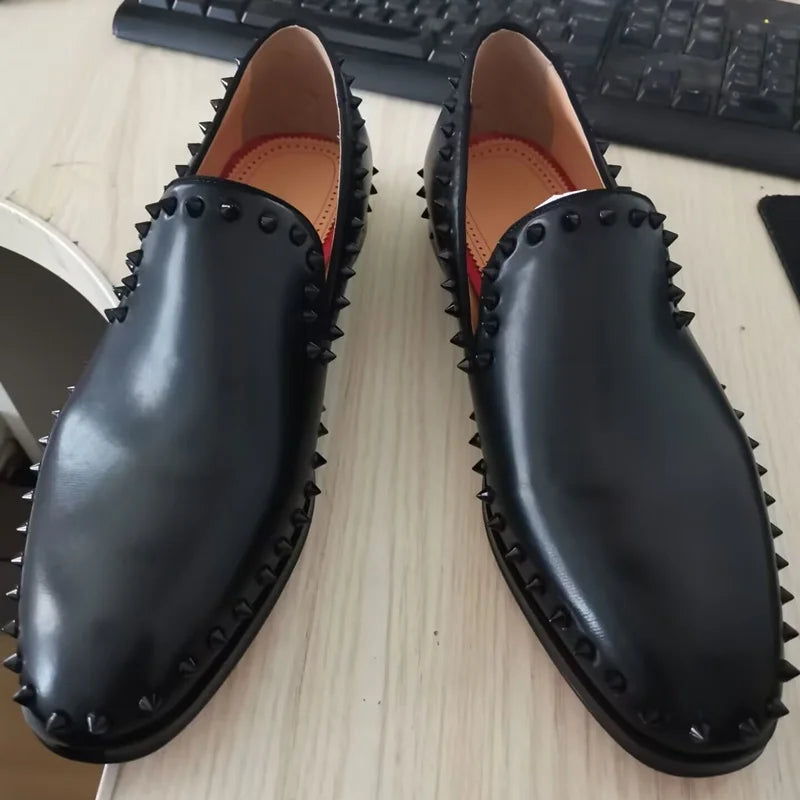 Black Genuine Leather Men Spiked Loafers