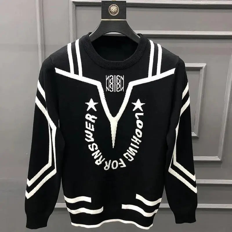 Letter Color-Blocking Round Neck Sweater