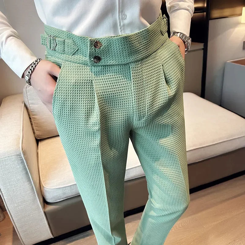 High-Waisted Waffle Pattern Trousers
