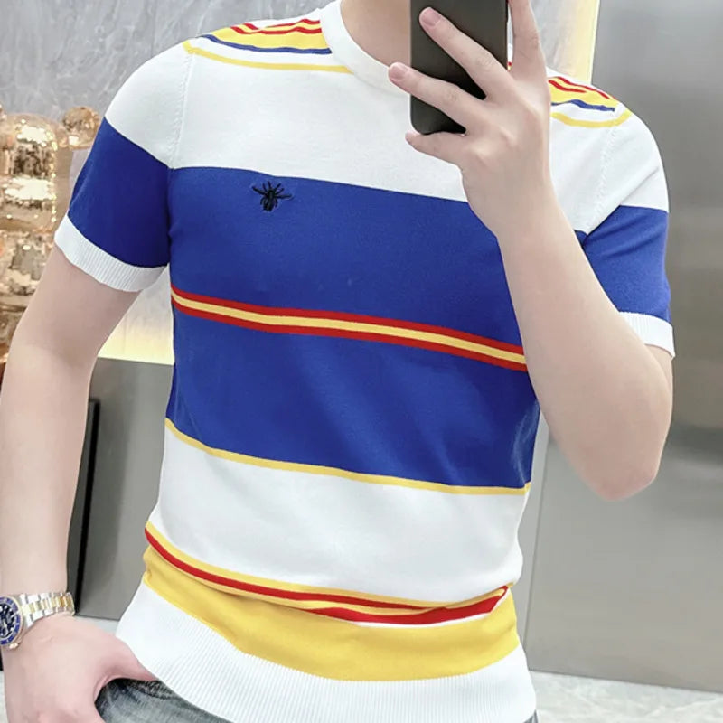 Contrasting Color Splicing Striped T-Shirt