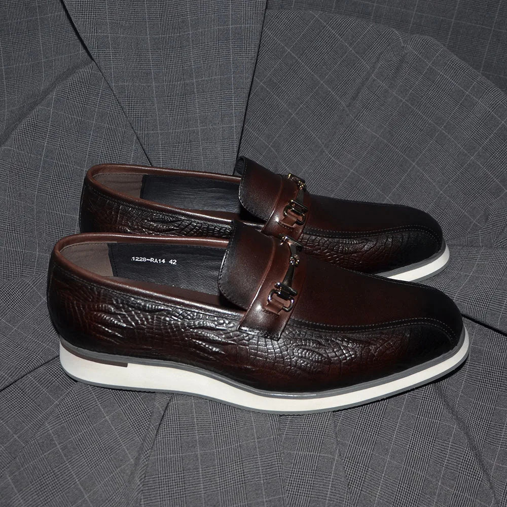 Horsebit Appliques Embossed Croc Texture Loafers