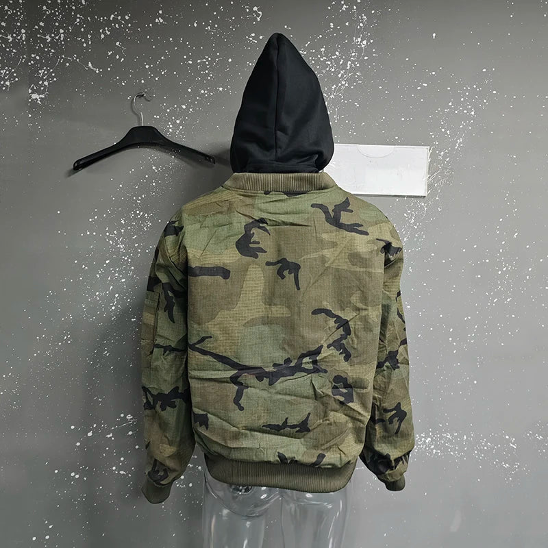 Patchwork Camouflage Zipper Hooded Jacket