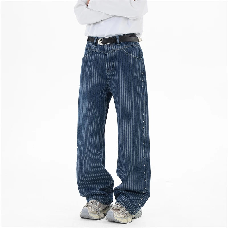 Blue Striped Side Seam Beaded Jeans