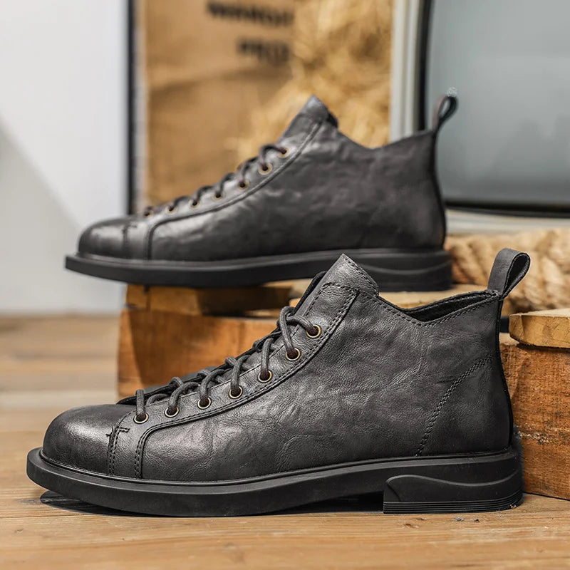 Retro Solid Color Leather High-Top Sneakers