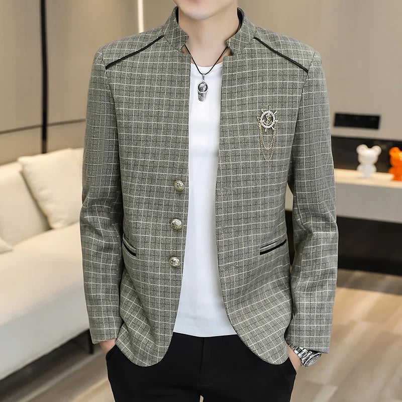 Thick Plaid Pattern Stand Collar Blazer