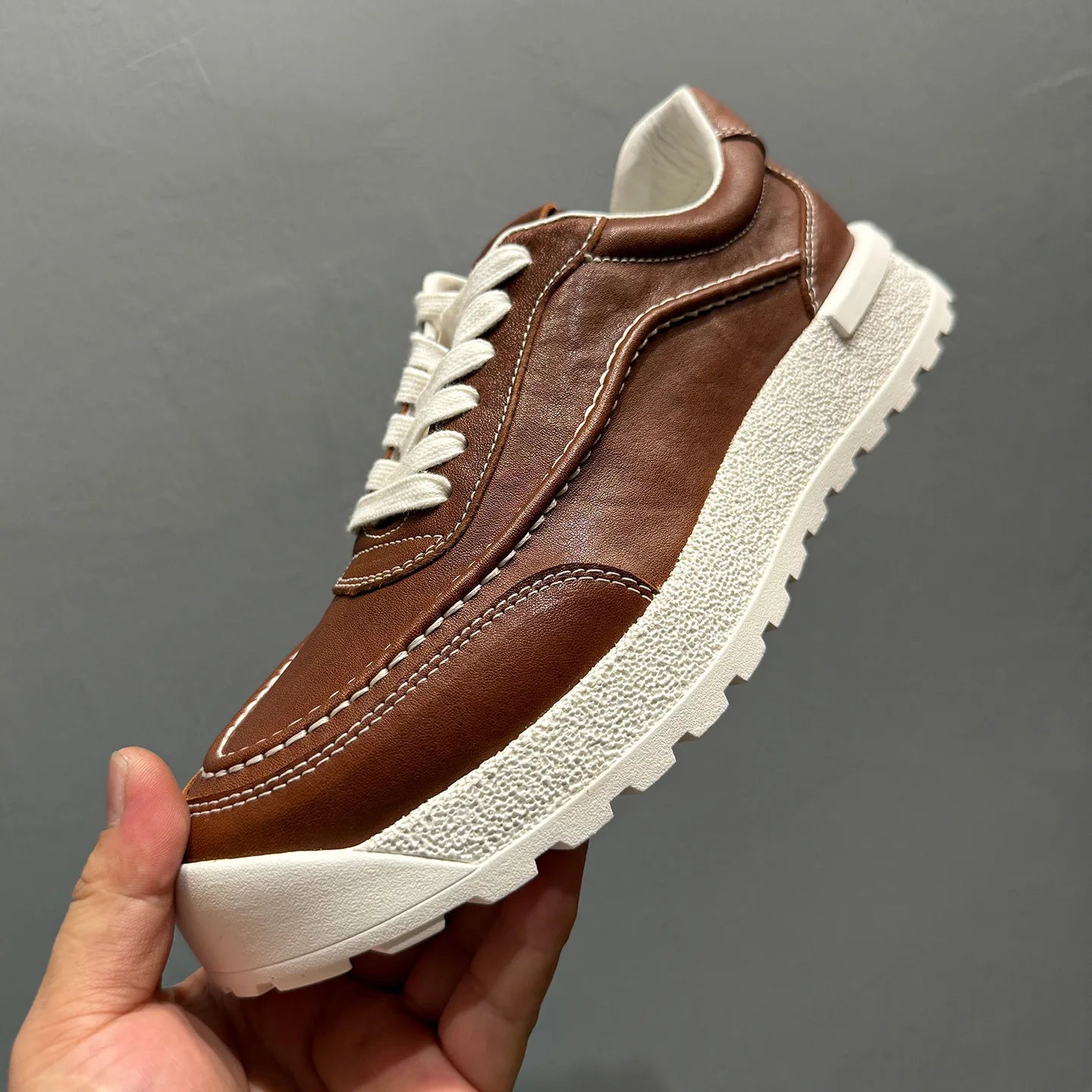 Round Toe Leather Chunky Sole Sneakers