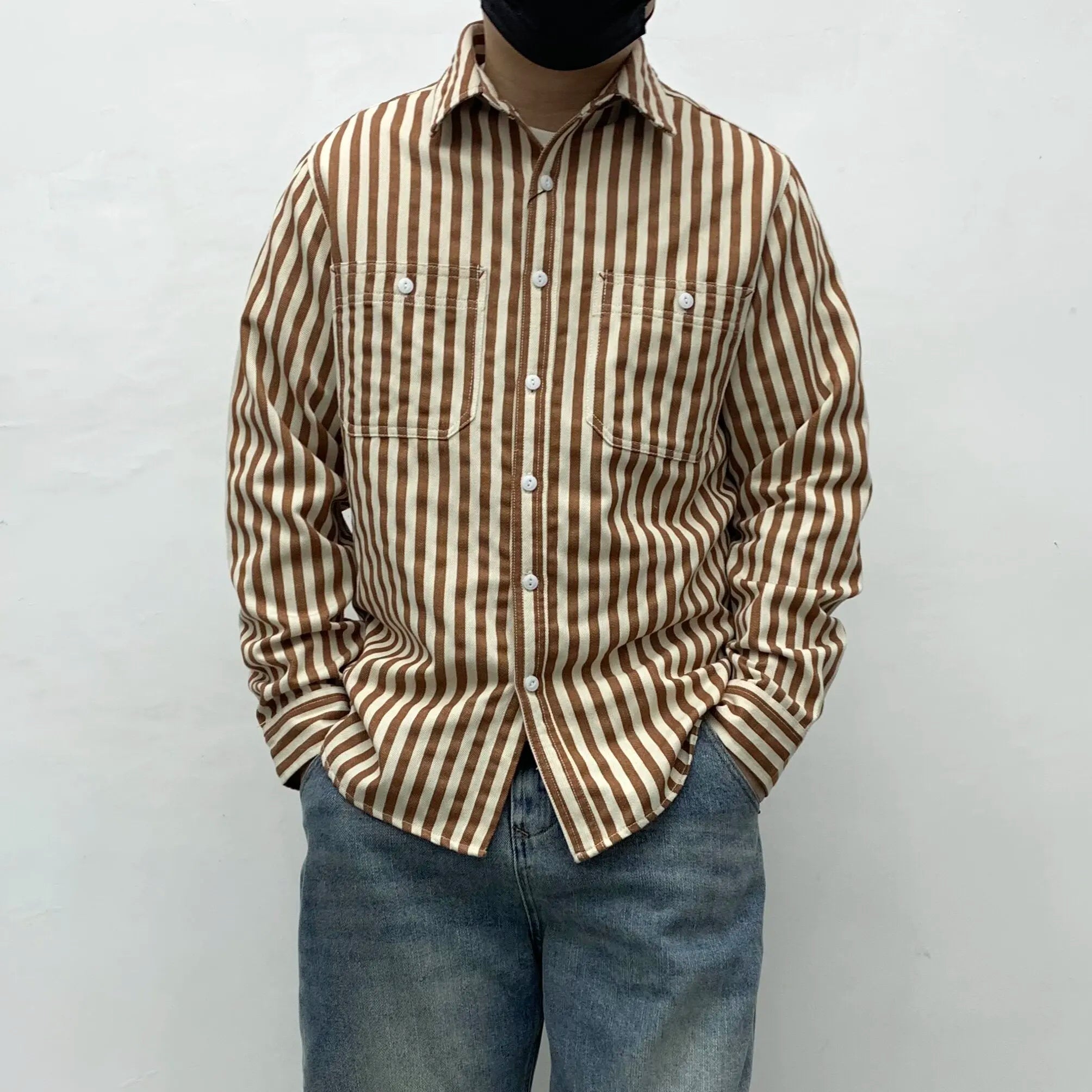 Retro Stripe Long-Sleeve Lapel Shirt