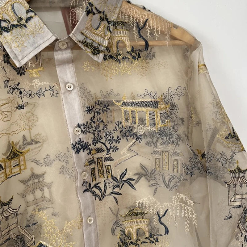 Oriental Embroidery Sheer Organza Shirt