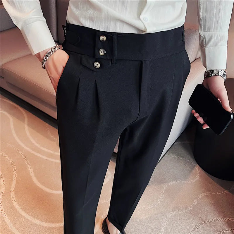 Solid Casual High Waist Button Trousers