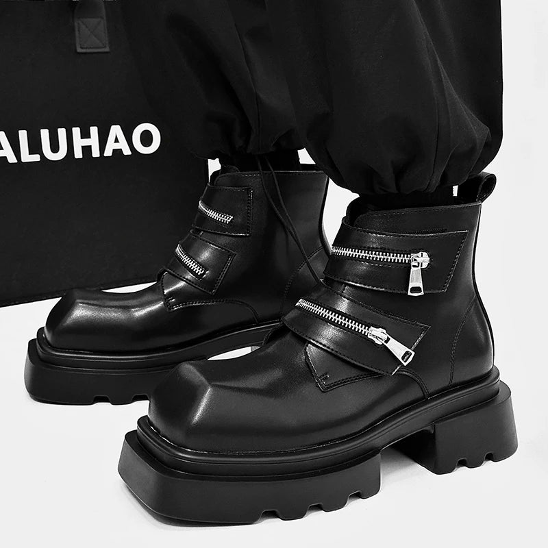 Black Split Leather Thick Bottom Boots