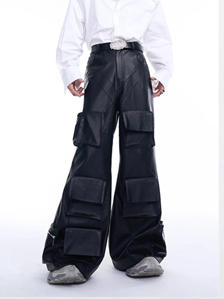 3D Pockets Pu Leather Wide Leg Pants